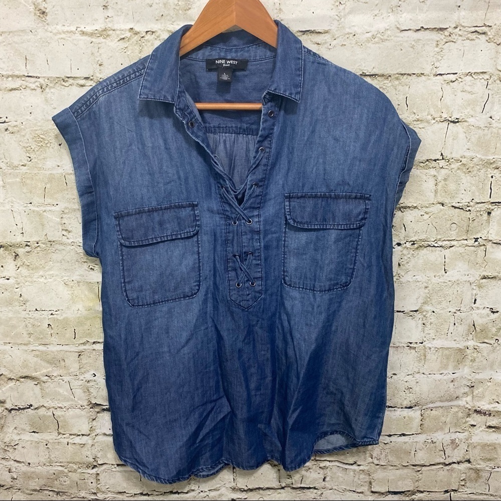 Nine West Blue Chambray Tie Up Popover Top